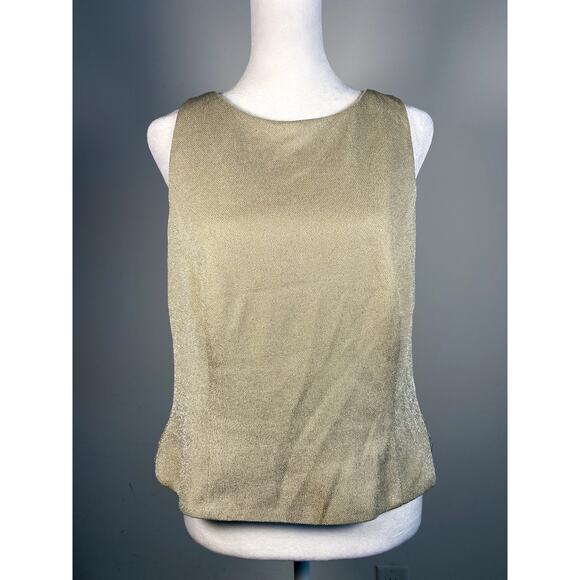 Gold Vintage Pleated Button Down Sleeveless Womens High Neck Top Retro Preppy - Picture 2 of 5